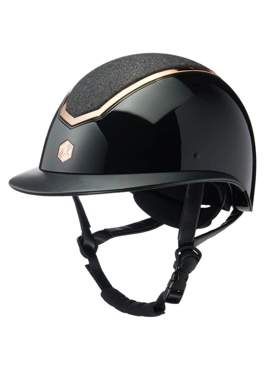 Charles Owen EQx Kylo Wide Peak Gloss & Sparkly Hat - Black/Rose Gold 1 Charles Owen EQx Kylo Wide Peak Gloss & Sparkly Hat - Black/Rose Gold