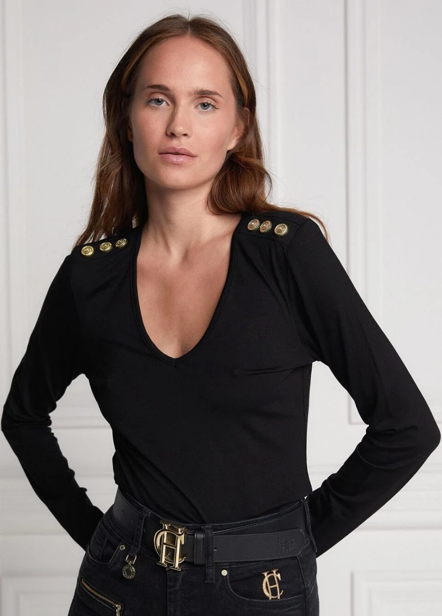 Holland Cooper Long Sleeve Vee Neck Tee - Black 1 Holland Cooper Long Sleeve Vee Neck Tee - Black